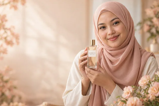 Wanita berhijab memegang botol Djameelaa di dada