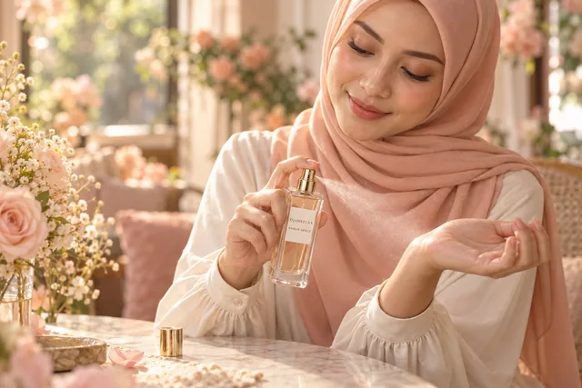 Wanita berhijab menyembur perfume mist pada pergelangan tangan
