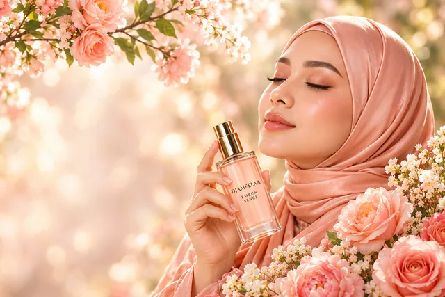 Wanita berhijab peach memegang botol Embun Sence dikelilingi bunga peony